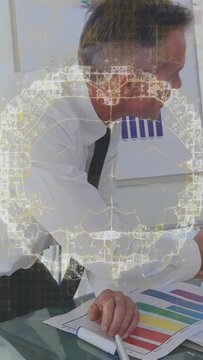 Executive pointing chart, sliding docs, shaking hands, closing business deal, animated overlay