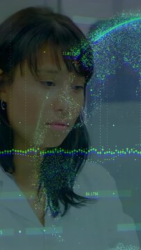 Lab scientist bringing pipette into view, pipetting while holographic data overlay guiding research