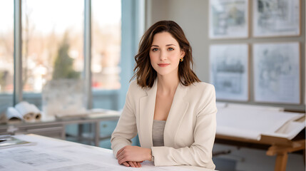 Obraz premium Confident female architect in modern office with blueprints and large windows, smiling and looking at camera. Professional work environment, creative workspace, engineering concept. 