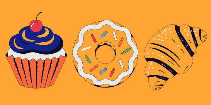 Sweet bakery dessert set cupcake donut and croissant flat illustration with baked goods bakery items croissant breakfast delicious sprinkles confectionery doughnut catering
