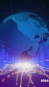 Hologram globe rotating, core burst flaring and sending gold links, updating numeric labels for IT