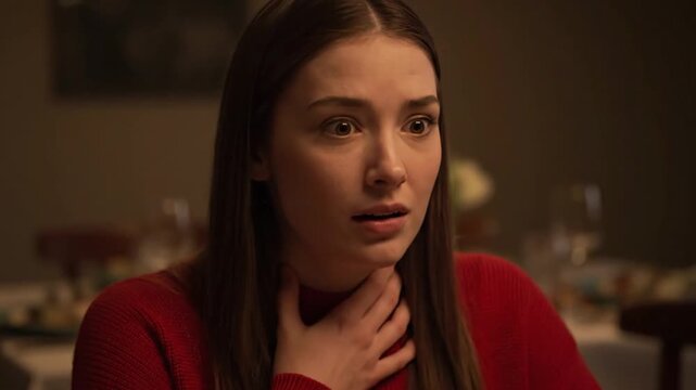 Young Woman Reacting with Shock and Choking at Dinner Table