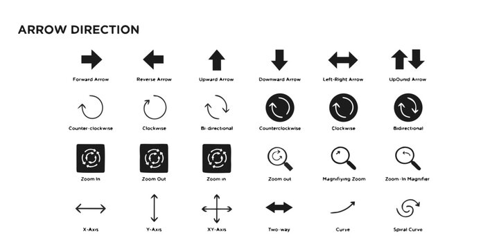 Directional arrow icons and cursor movement indicators set for user interface with two way xy axis y axis x axis navigation direction pointers movement downward clockwise
