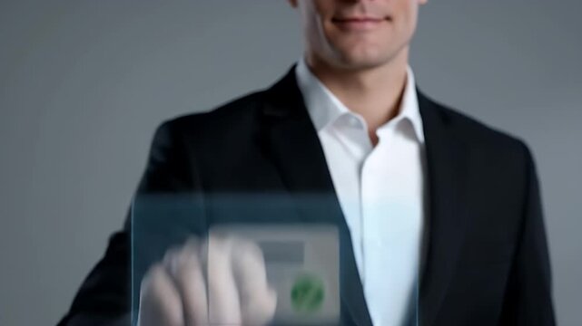 Approving Document Concept Businessman Interacting Transparent Digital Interface Showing Virtual Form Tick Icon Formal Suit Gray Background Future Technology