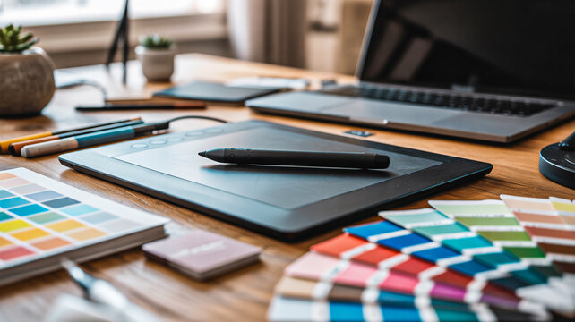 Graphic design workspace with digital drawing tablet laptop color palette and stationery on wooden desk for creative professional