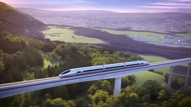 Train maglev high-speed on elevated tracks through green landscape with cityscape background featuring transportation, future, technology with scenic