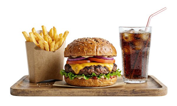 Beef burger combo meal with golden french fries and glass of iced cola on wooden serving tray for restaurant marketing and fast food advertising materials isolated on transparent background setup.