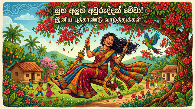 Happy Puthandu, Tamil New Year -  Joyful Woman on a Swing Celebrating Tamil and Sinhala New Year (Puthandu and Aluth Avurudda)