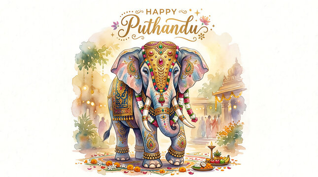 Majestic Decorated Elephant for Tamil New Year (Puthandu) Celebration in Watercolor Style
