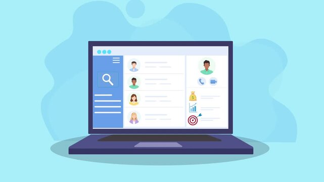 Animated laptop showing a team management dashboard with user profiles and data panels, representing AI system organization, collaboration, and modern digital workflow in flat motion design.