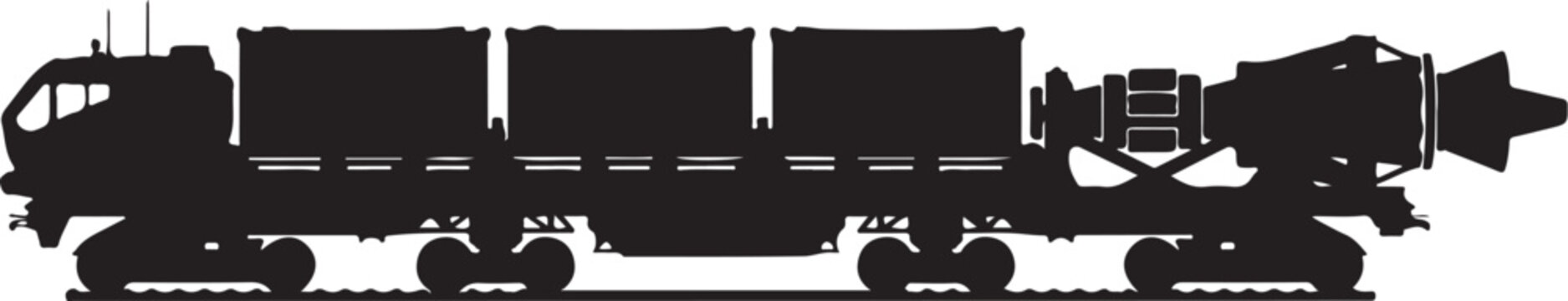 Black train locomotive, cargo train, railroad transportation, vector silhouette