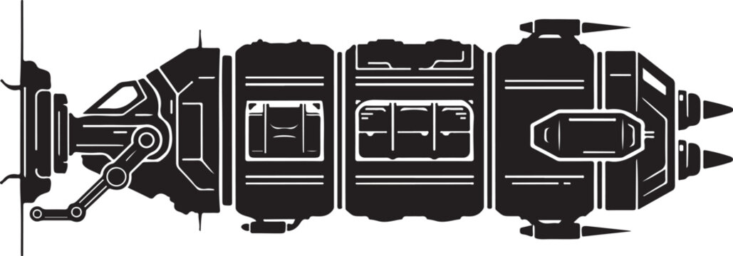 Futuristic spaceship, sci-fi vehicle, black and white illustration, futuristic transportation, spacecraft design