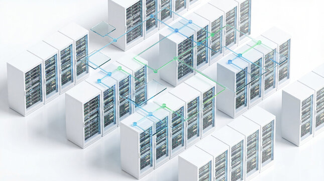 3D isometric view of minimalist data center with hierarchy tree