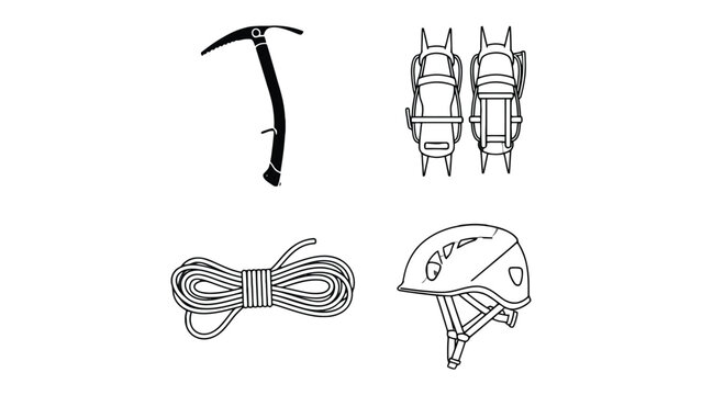 Essential Climbing Gear: A comprehensive display of vital climbing equipment, each element perfectly poised to aid adventurers in their ascent. Includes ice axe, crampons, coiled rope, and helmet.