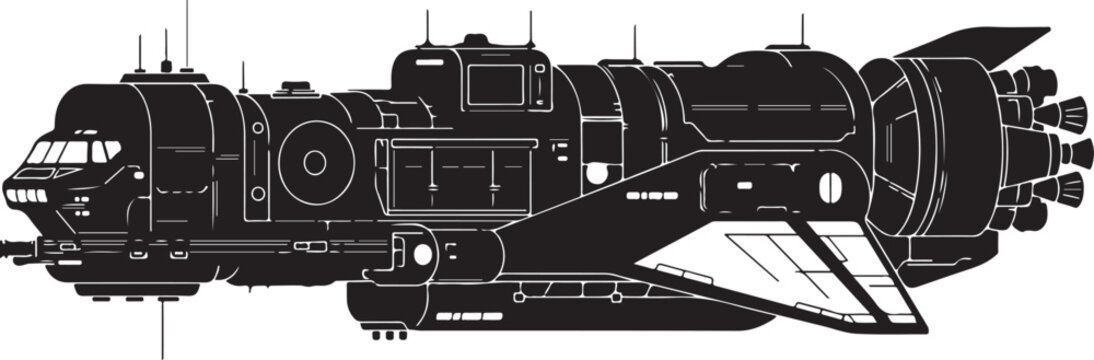 Futuristic Spaceship, Spacecraft Illustration, Black and White Vector, Sci-Fi Ship Design