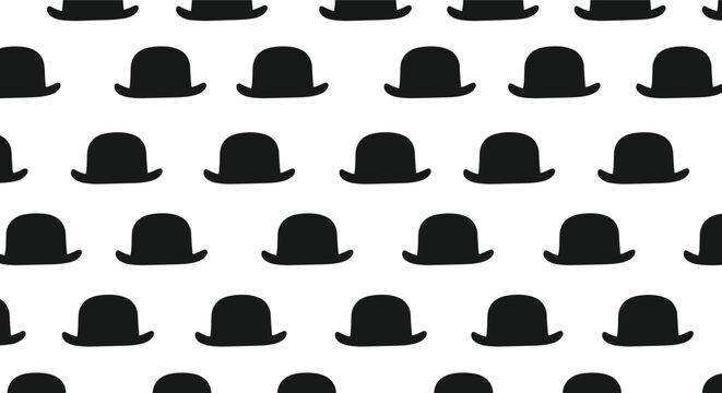 Playful seamless pattern of black bowler hats repeated on a white background for a classic gentleman style and vintage look.