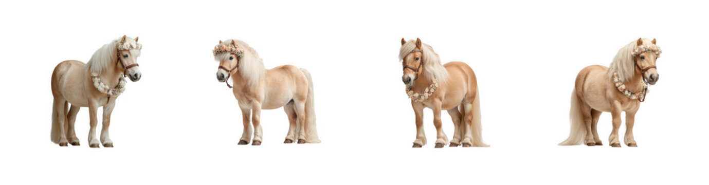 Collection of four miniature ponies in different standing poses as isolated on transparent background