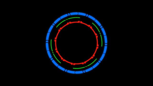 futuristic neon circular interface with glowing rings rotating digital hud animation on dark background