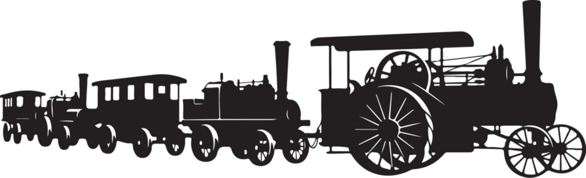 Vintage steam train, locomotive silhouette, black train, railway vehicle, transportation icon