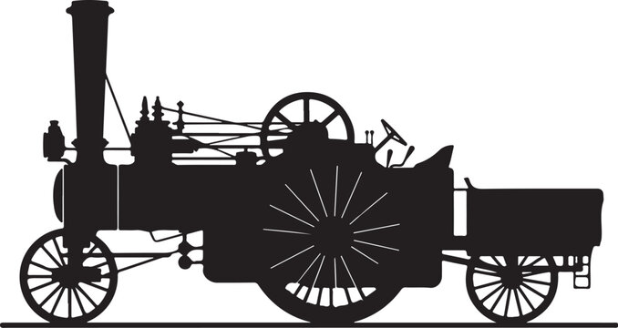 Vintage steam engine, antique locomotive, industrial machine, black silhouette