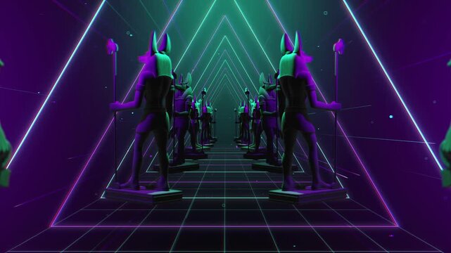 4K seamless turquoise and lilac VJ loop tunnel featuring a stylized, geometric 3D God Anubis figure with glowing circuits for VJ sets, stage screens, electronic music festivals and LED video walls