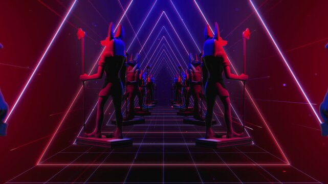 4K seamless blue and red VJ loop tunnel featuring a stylized, geometric 3D God Anubis figure with glowing circuits for VJ sets, stage screens, electronic music festivals and LED video walls