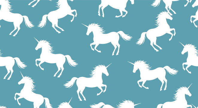 Seamless pattern of white unicorn silhouettes in various active poses on a solid blue background for children's designs or fantasy.