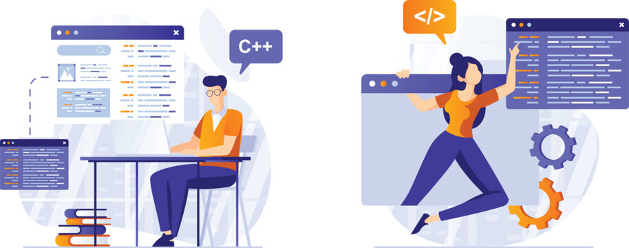 A programmer sitting at a desk surrounded by floating code and development tools