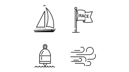 Sailing Icon Set: A minimalistic illustration of a sailboat, a race flag, a buoy, and wind symbols, ideal for nautical-themed designs. © AJM
