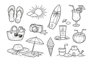 A collection of iconic beach and summer vacation items illustrated in black and white © Md Abdul Latif