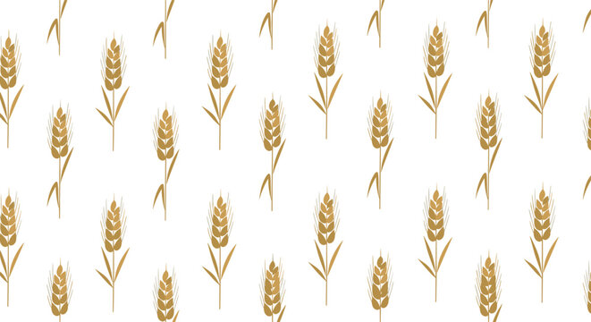 Elegant seamless pattern featuring repeated golden wheat stalks with leaves arranged in a regular grid on a plain white background for bakery.