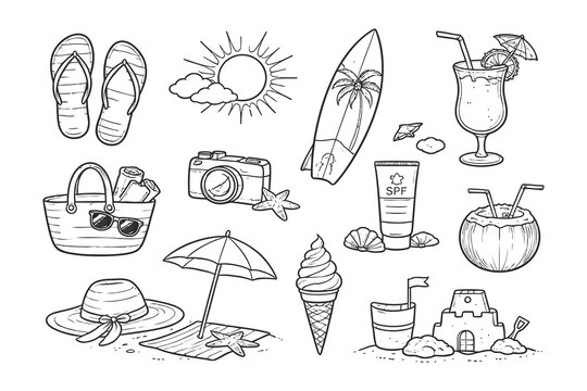 A collection of iconic beach and summer vacation items illustrated in black and white