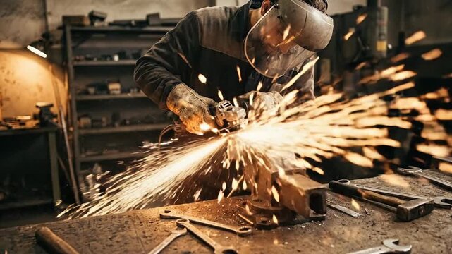 A skilled worker grinds metal, creating a dynamic shower of bright orange sparks in a dark industrial workshop.