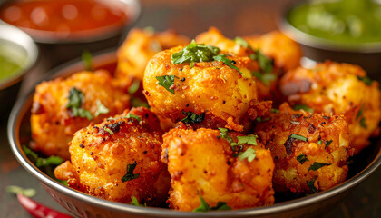 Fototapeta premium Golden crispy paneer pakoras stuffed and served with tangy green chutney, mint chutney and tamarind sauce, Indian street food, appetizing snack