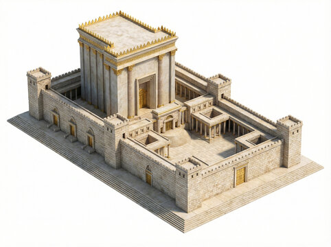 Isometric 3D rendering of the Second Temple of Jerusalem built by King Herod, historical architectural model isolated on a white background