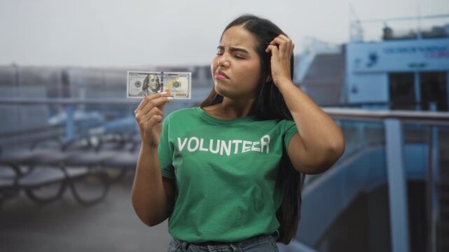 Woman volunteer holding a hundred dollar bill and scratching head in an airport; confusion doubt donation ethics.