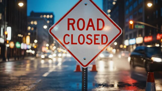 Road closed sign at night in city for environmental projects, nature documentaries, and commercials