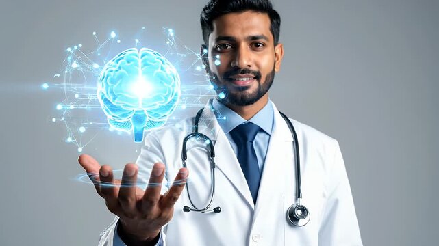 Bearded Doctor in White Coat Holding Digital Brain Hologram Over Open Palm Against a Grey Backdrop