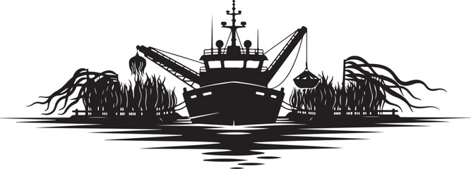 Obraz premium Fishing boat, silhouette illustration, sea creatures, ocean scene, black vector graphic