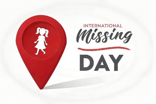 Red map location pin featuring a white silhouette icon of a young girl used for raising awareness during the global observance of international missing children day which commemorates all those who ha