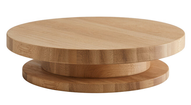 Round wooden cake stand with a smooth surface and a tiered base on a plain white background isolated on a transparent background