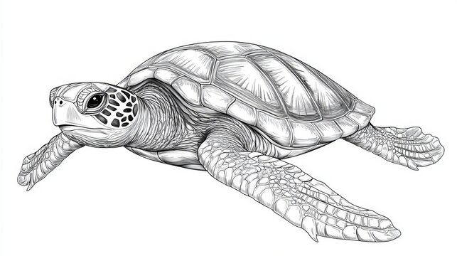 Intricate Monochrome Illustration of a Sea Turtle with Detailed Shell Patterns and Textured Flippers