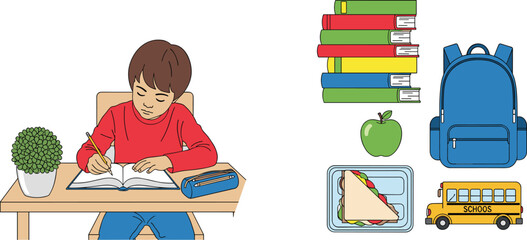 Cartoon Style Boy Studying with Books, Apple, Backpack, School Bus, and Lunchbox for Fun School and Education Designs