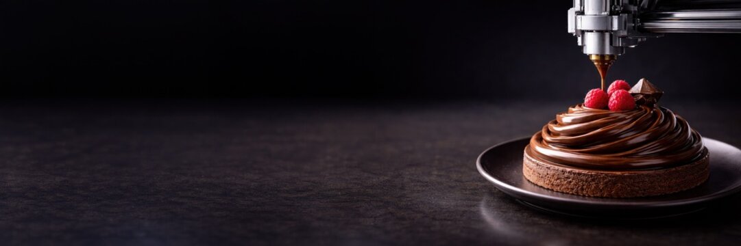 3d food printer finishing chocolate dessert with berries in dark studio, banner composition with copy space, automated food production, modern gastronomy concept.