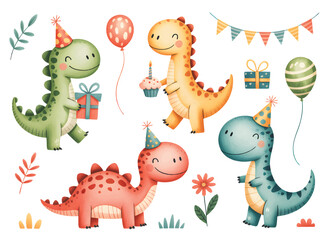 Cute watercolor dinosaur birthday set with balloons gifts cake and party decorations. © Songrami