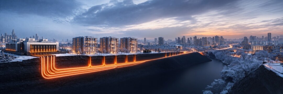 Energy flow connecting power plant and city infrastructure, wide banner composition with copy space, electricity distribution concept, modern energy network.