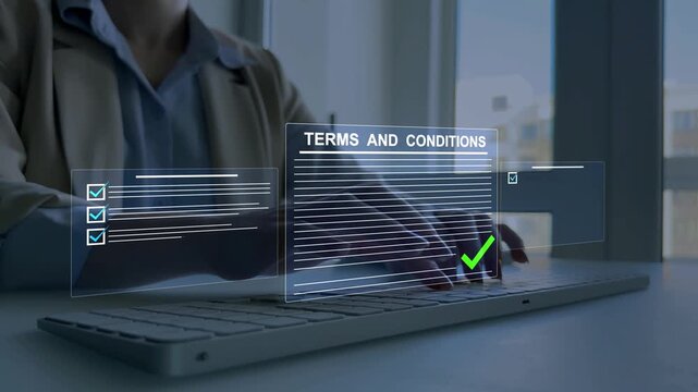 Terms and conditions with legal agreement, contract rules, privacy policy and user consent. Business document interface on digital screen, showing acceptance, compliance and online service usage.