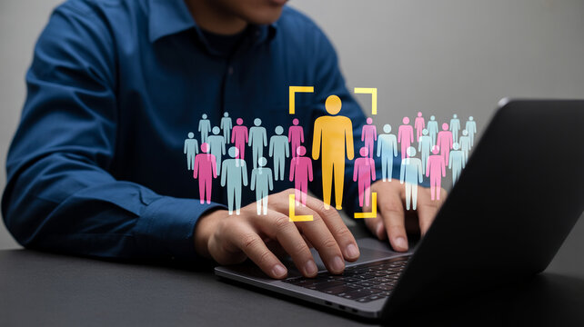 A professional uses a laptop with a digital overlay to select an ideal candidate from a large group of human resources