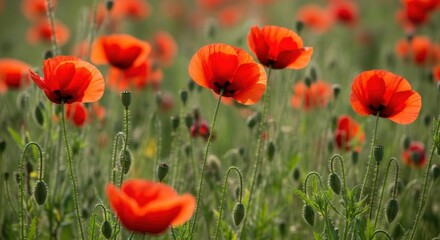 Obraz premium Vibrant red poppies blooming in a lush green field