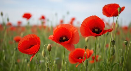 Obraz premium Beautiful red poppies blooming in a field under a clear sky